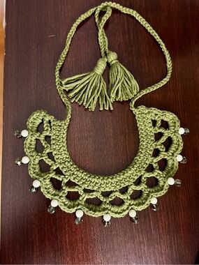 Handmade Green Crochet Statement Necklace with Tassel Tie